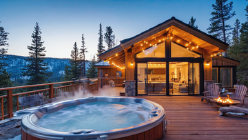 Luxury mountain cabin with outdoor hot tub, fire pit, and forest views at sunset