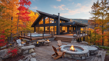 Modern luxury mountain cabin with hot tub and fire pit surrounded by vibrant autumn foliage at sunset