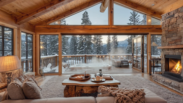 Luxury mountain cabin interior with fireplace, floor-to-ceiling windows, snowy forest view, and outdoor hot tub on wooden deck