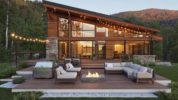 Modern mountain cabin with large glass windows, wooden exterior, outdoor fire pit seating, and spacious patio deck at sunset