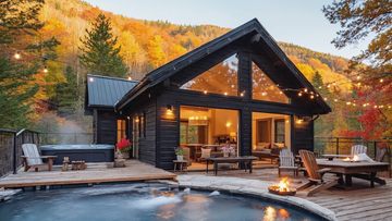 Luxury black mountain cabin with hot tub, fire pit, and pool surrounded by vibrant autumn forest foliage