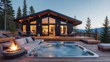 Modern luxury mountain cabin with hot tub, spacious wooden deck, and forest views at dusk