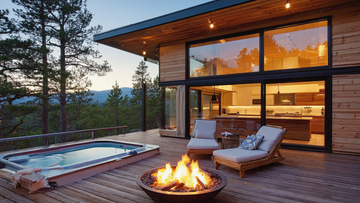 Modern mountain cabin with hot tub and fire pit on a wooden deck at sunset, featuring floor-to-ceiling windows and forest views
