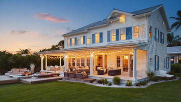 Luxury coastal farmhouse exterior at sunset with covered patio, outdoor seating, string lights, and landscaped backyard lawn