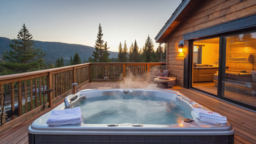 Luxury mountain cabin hot tub on a private deck with panoramic forest views at sunset